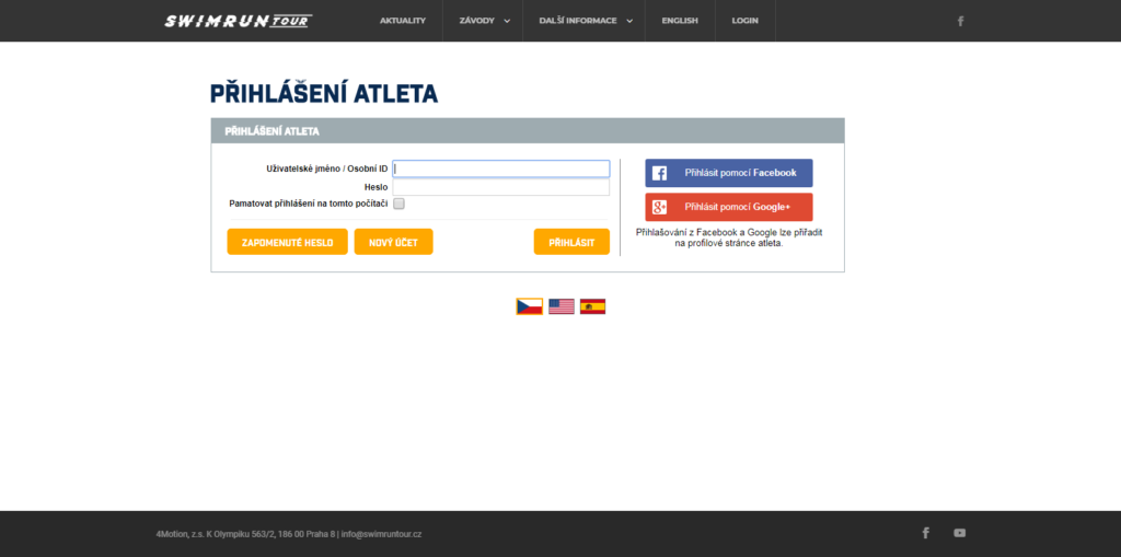 ukázka obrazovky pro přihlášení uživatele do systému závodníků