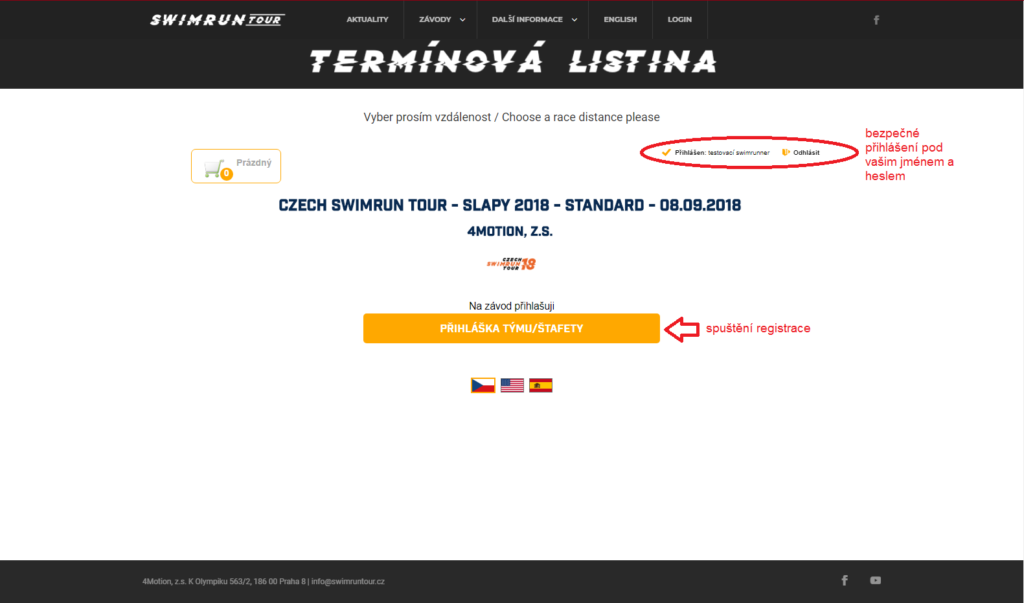 ukázka obrazovky pro registraci k závodu Czech Swimrun Tour